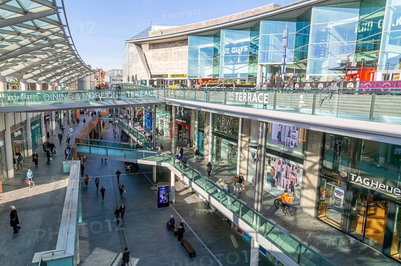 Levels of shops in South John Street shopping centre, Liverpool ONE development, city centre of Liverpool, England, UK