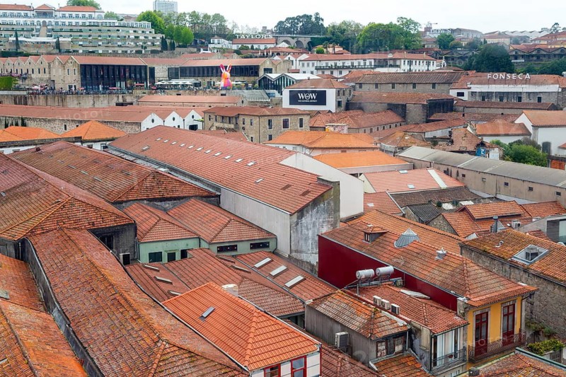 Rooftops of historic port lodge buildings in Vila Nova de Gaia area, city of Porto, Portugal