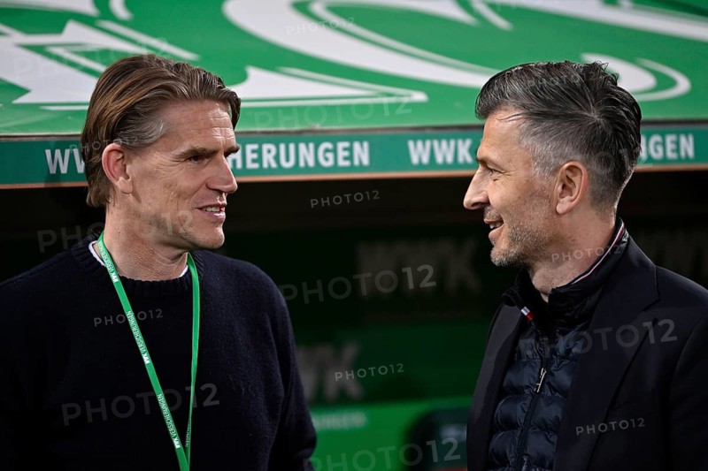 Sports Director Christoph Freund FC Bayern Munich FCB in conversation with Sports Director Marinko Jurendic FC Augsburg FCA WWK Arena, Augsburg, Bavaria, Germany