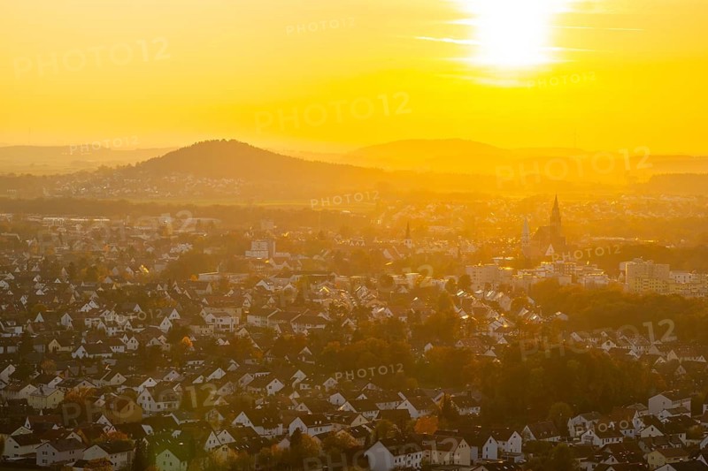 View over the city of Neumarkt from Wolfstein castle ruins at sunset in autumn, Neumarkt in der Upper Palatinate
