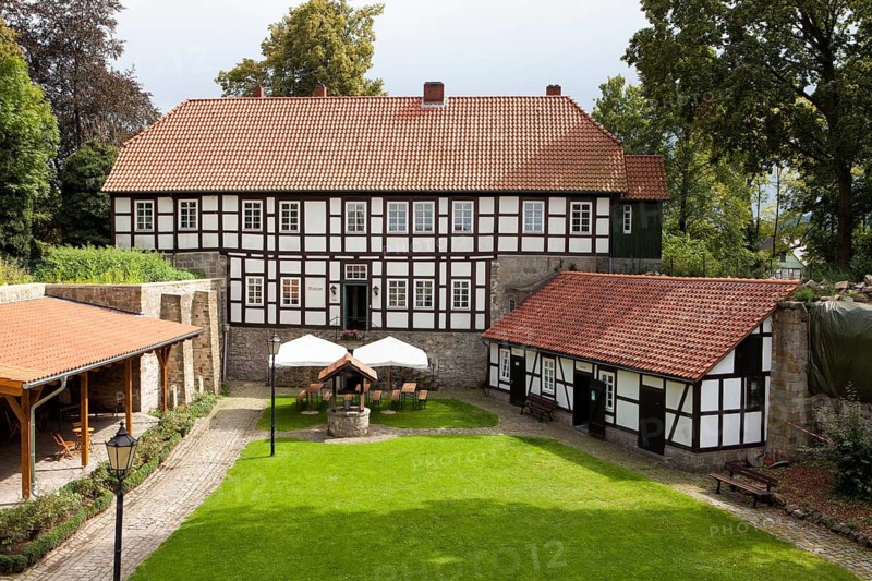 Museum, inner yard of the castle ruin, Coppenbrügge, Lower Saxony, Germany, Europe, Museum im Innenhof der Burgruine, Coppenbrügge, Niedersachsen, Deutschland, Europa
