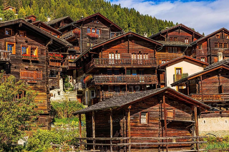 Old wooden houses in the historic village centre, Grimentz, Val d'Anniviers, Valais Alps, Canton Valais, Switzerland