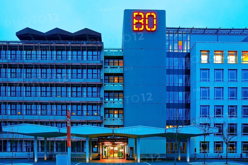 Main building of Bochum University with red BO logo in the evening, Central Campus, Bochum, Ruhr area, North Rhine-Westphalia, Germany