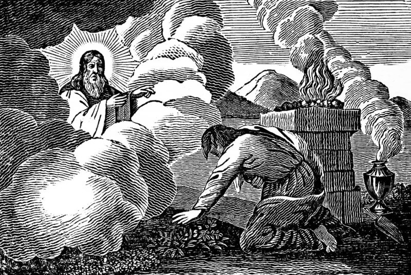 God in heaven speaks to the pious and virtuous patriarch Abraham, Journey to Canaan, Sacrificial fire, Incense, Genesis, woodcut, Christoph Schmid's Biblical History 1831