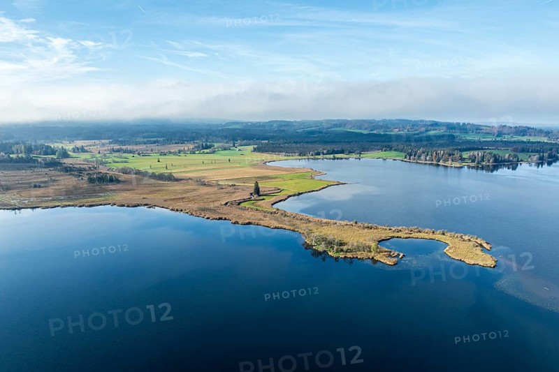 Aerial view of lake Staffelsee near Murnau, Murnauer Moos nature reserve, autumn colors, Allgaeu, Bavaria, Germany