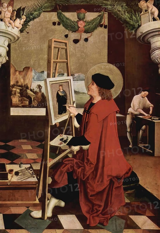 Saint Luke paints the Madonna, painting by Niklaus Manuel, called Deutsch (probably born 1484 in Bern, died 28 April 1530 in Bern), was a poet, painter, graphic artist, woodcut master, reformer and Bernese statesman, reproduction from a model of the time, historical, digitally enhanced