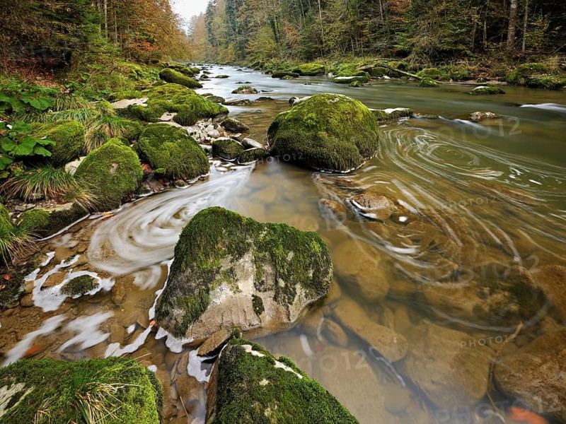 Moss-covered stones on the river Sihl, Sihlsprung, Menzingen, Canton Zug, Switzerland