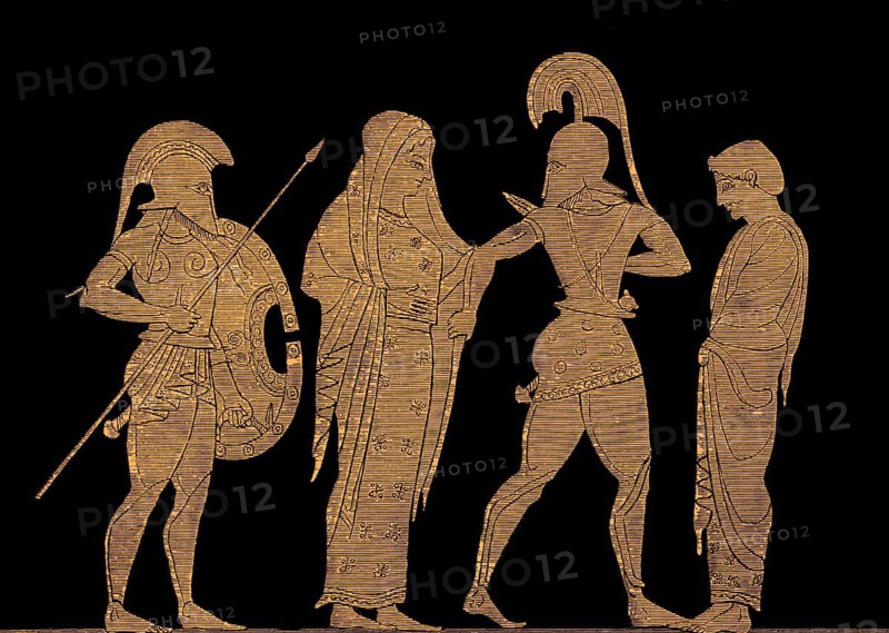 Menelaus captivated by the beauty of Helen, Trojan War, Attic red-figure krater, Greek mythology