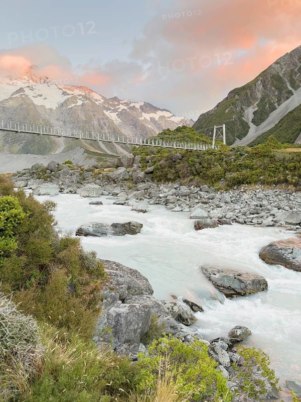 Suspension bridge on the Hooker Valley Track hiking trail, Mount Cook National Park, South Island, New Zealand, Oceania
