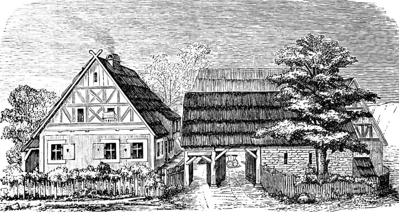 Ernhaus or Franconian half-timbered house, main house with outbuildings, roofed gateway, garden, wooden fence, regional architecture, travel, Thuringia, Germany, historical illustration 1885