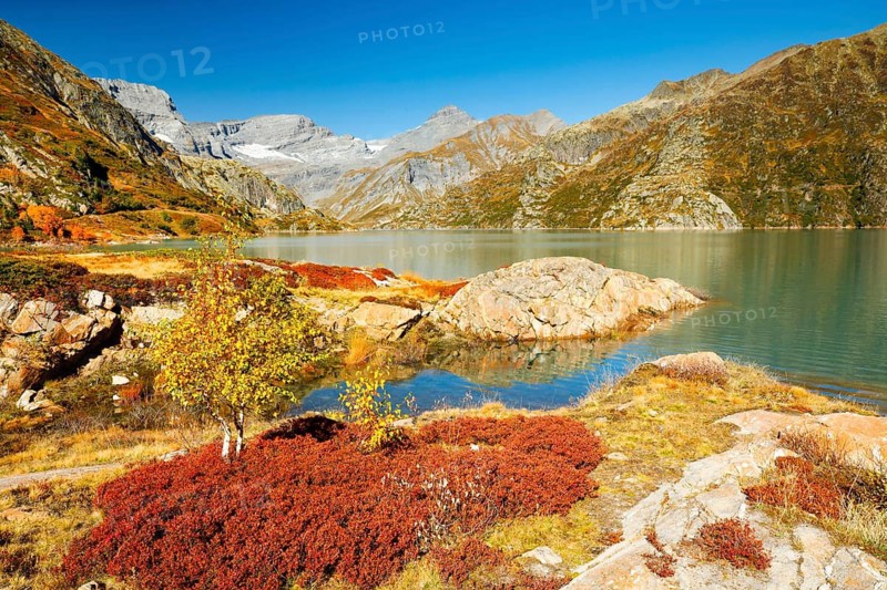 Autumn colours at Lac d'Emosson in the Valais mountains, Switzerland