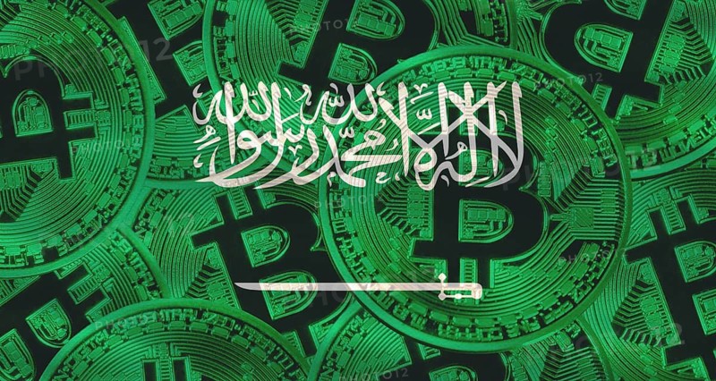 Arabian flag with Bitcoins in the background. Investors in cryptocurrency and Blockchain Technology in Saudi Arabia