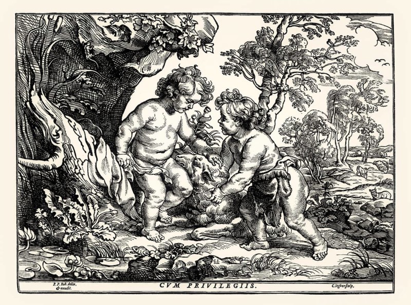 The Infant Christ and Saint John Playing with the Lamb, Christoffel Jegher after Rubens, 17th century, digitally restored