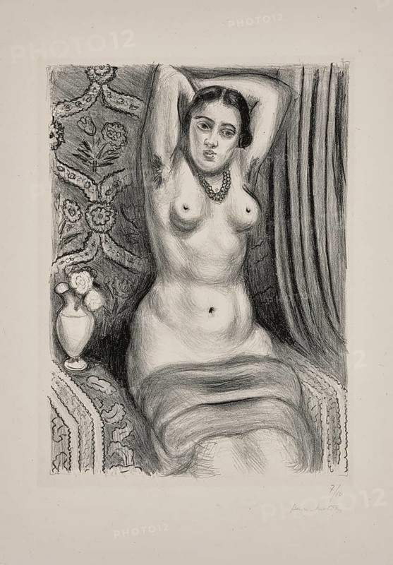 Henri Matisse, Henri Emile Benoit Matisse (born 31 December 1869, died 3 November 1954 in Cimiez), French painter, graphic artist, draughtsman, Classical Modernist. Here his work:, Torse à l'aiguière (1927), Torso with jug, Bust with jug, Painting, Reproduction of the painting, Work of art, Historical, Nude woman sitting relaxed in a decorated armchair, drawn in black and white