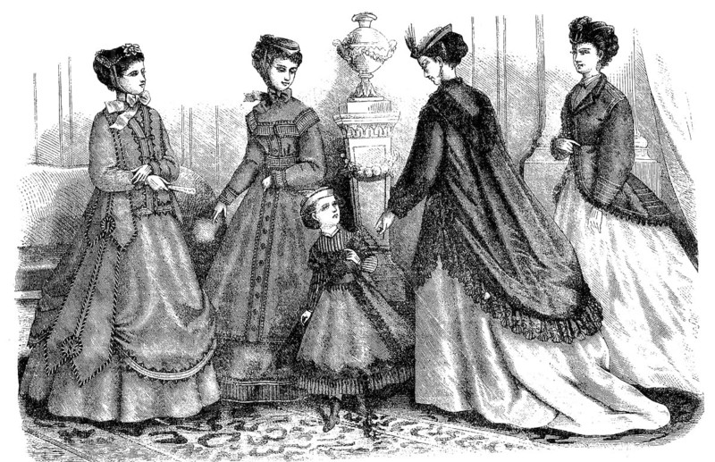 Four woman and two girls in the latest spring fashions, costumes and ready-to-wear by Madame Mary-Moison, shawls for dresses from the Malle des Indes shops, Marie Antoinette petticoats by Madame Bouland, 1869, France, Historic, digitally restored reproduction of an original 19th century master, exact original date unknown