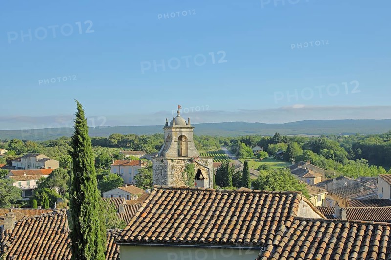 Townscape with spire and roofs, Rue d'Or, Grignan, Drôme, Tricastin, Provence, France
