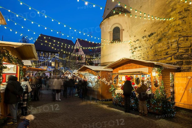 Christmas market, blue hour, Eguisheim, Haut-Rhin, Grand Est Region, Alsace, France