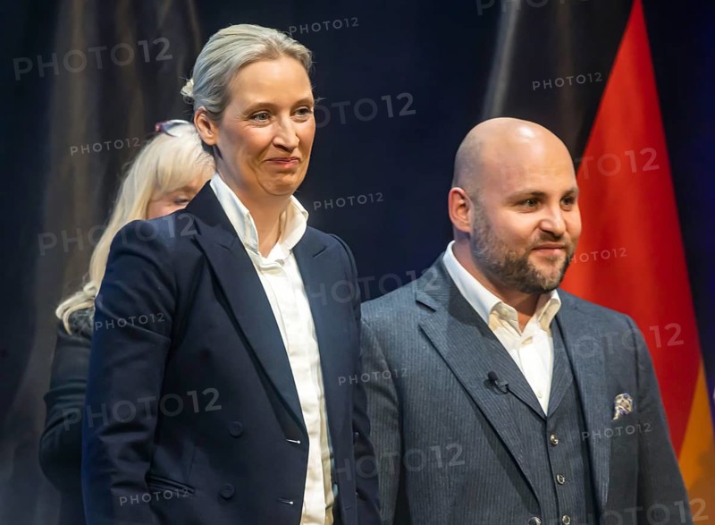Campaign event for the state election of the AfD party at the Congress Centre Pforzheim CCP. Markus Frohnmaier (MdB, right) is the leading candidate for the office of Minister President in Baden-Württemberg. Alice Weidel, co-chair of the parliamentary group of the right-wing populist and far-right party Alternative for Germany AfD. Federal spokesperson of the party. Pforzheim, Baden-Württemberg, Germany