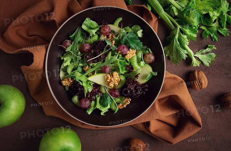 Fresh, Waldorf salad, celery stalk with chicken, apple and walnut, grapes, herbs, homemade, no people