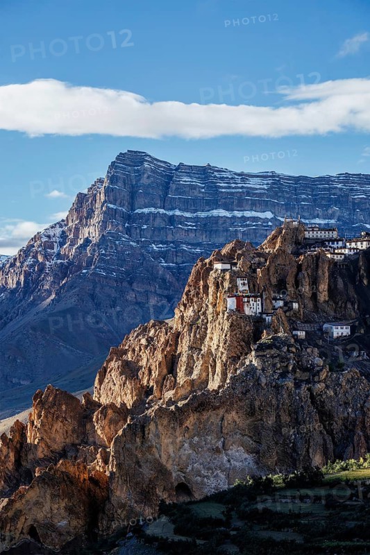 Dhankar monastry perched on a cliff in Himalayas. Dhankar, Spiti Valley, Himachal Pradesh, India