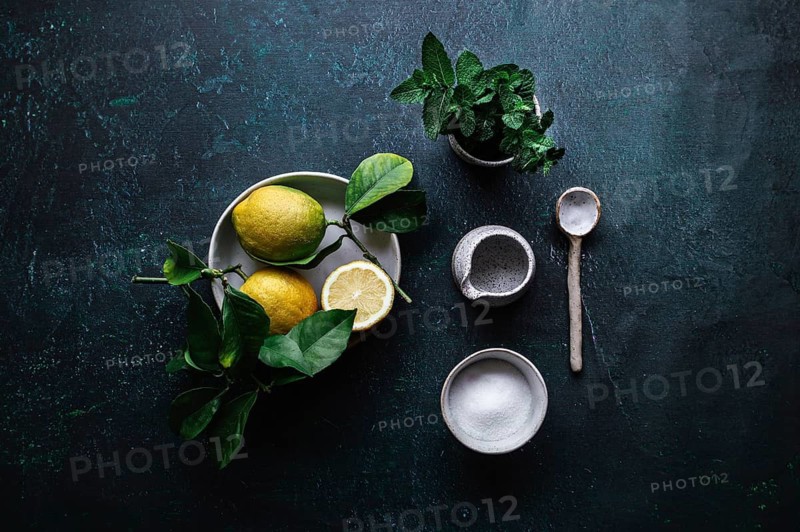 Fresh ingredients for a gin tonic cocktail are displayed on a dark background, featuring vibrant lemons, aromatic mint leaves, coarse sugar, and a rustic spoon, ready for a refreshing drink