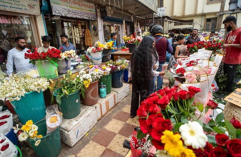 Customers browse red roses and other flowers at a roadside flower shop on Valentine's Day, in Guwahati, India on 14 February 2026