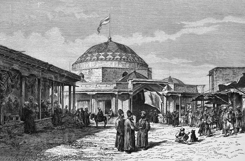 Bazaar of Samarkand, domed mosque, flag, market, shops, trade, merchant, square, crowd, travelling in Asia, Uzbekistan, historical illustration 1887