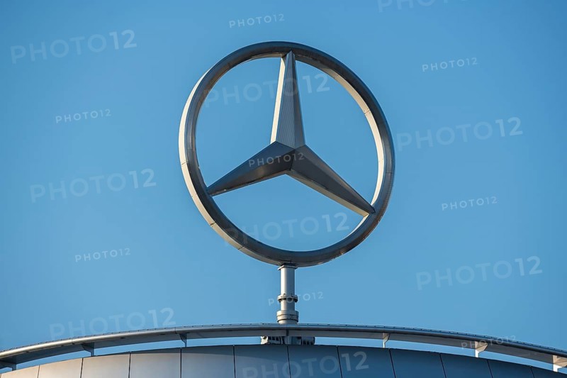 Large Mercedes logo in front of a clear sky on a roof, Mercedes star, Stuttgart-Untertürkheim, Baden-Württemberg, Germany
