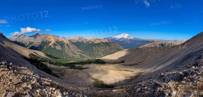 Panoramic view of the Andes with Cerro Tronador with its glaciers and mountain lakes in the Nahuel Huapi National Park, Bariloche, Patagonia, Argentina