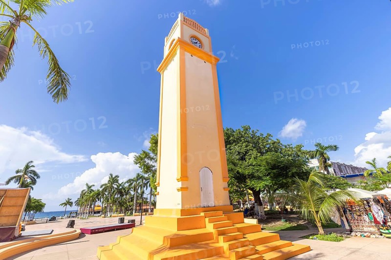 San Miguel de Cozumel, Mexico, Central Plaza and colorful colonial city downtown streets during peak months of high tourist season