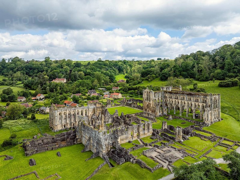 Rievaulx Abbey from a drone, North York Moors National Park, North Yorkshire, England, United Kingdom
