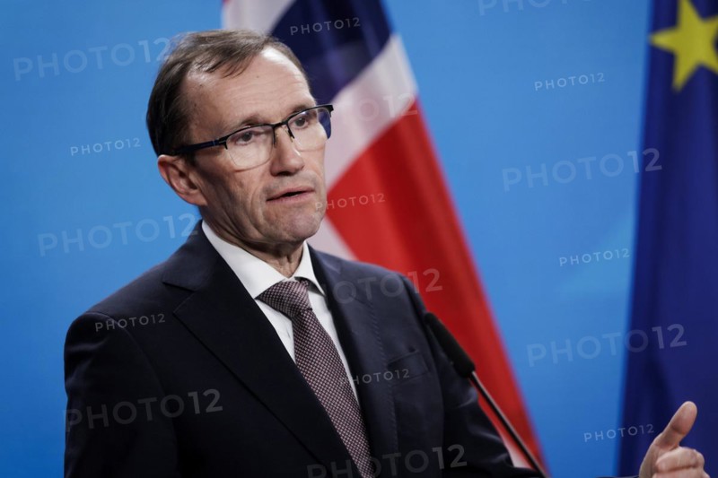 Espen Barth Eide, Minister of Foreign Affairs of the Kingdom of Norway, and Annalena Bärbock (Alliance 90/The Greens) (not in the picture), Federal Minister for Foreign Affairs, at a joint press conference in Berlin, 14 March 2024. Photographed on behalf of the Federal Foreign Office