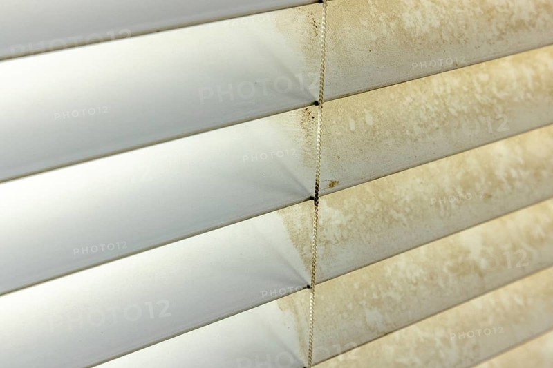 Residential window shades showing the before and after of a good cleaning, one side clean and one side dirty