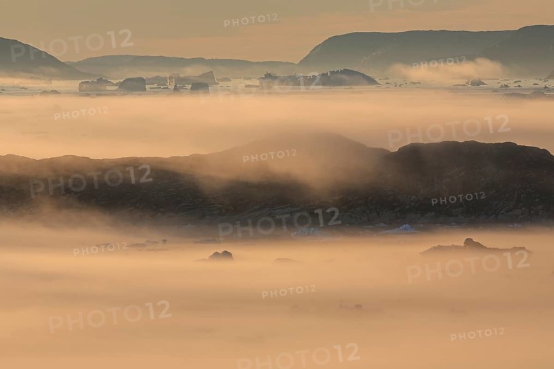 Icebergs in the fog, midnight sun, summer, Ilulissat, Ilulissat Icefjord, Disko Bay, West Greenland, Greenland