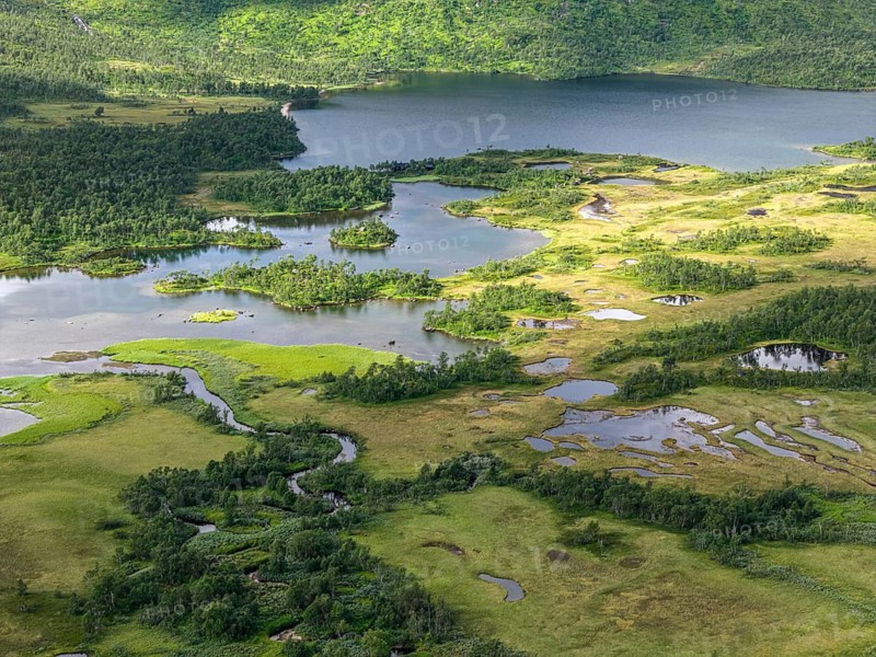 Lakes and rivers of the Svandalen nature reserve, Senja island, aerial view, Norway