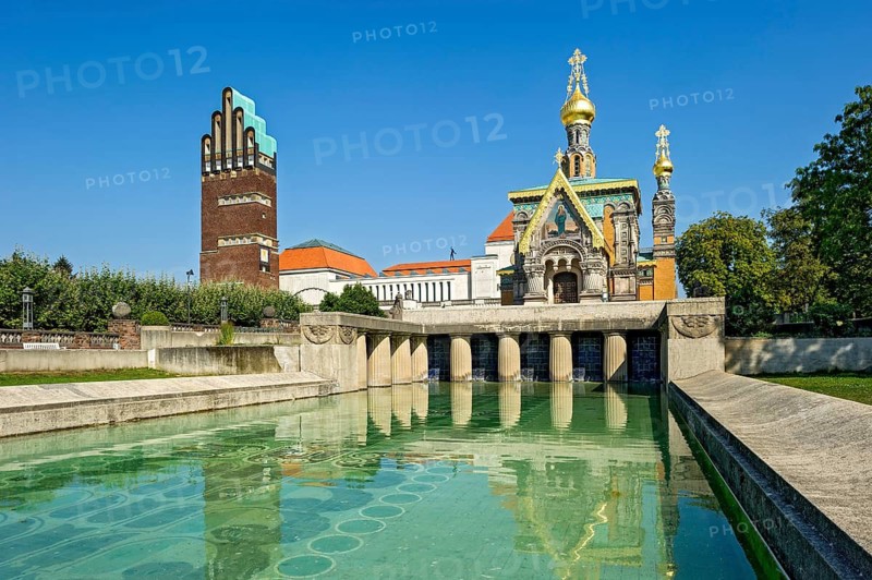 Tower, Wedding Tower, Lily Basin by Albin Müller, Russian Chapel of St Mary Magdalene by Leonti Nikolayevich Benois, Art Nouveau, UNESCO World Heritage Site, Mathildenhöhe artists' colony, Darmstadt, Hesse, Germany