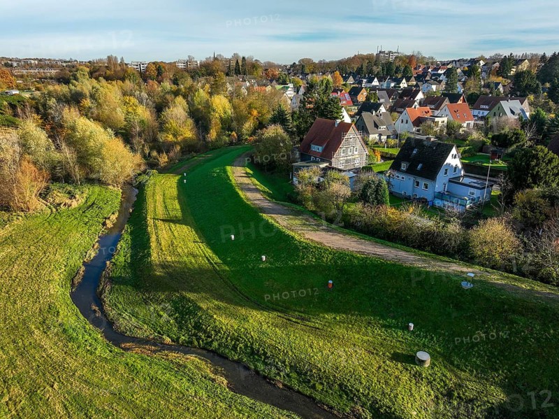 Dortmund, North Rhine-Westphalia, Germany, Renaturalised Emscher in Dortmund Aplerbeck. The river was transformed into a near-natural watercourse, flood protection and biodiversity through newly designed floodplains, here in the flood retention basin HRB Dortmund Nagelpötchen. Following the construction of a parallel sewer, the Emscher is now free of wastewater, having previously been an open, above-ground wastewater sewer, combined sewer with surface water and wastewater
