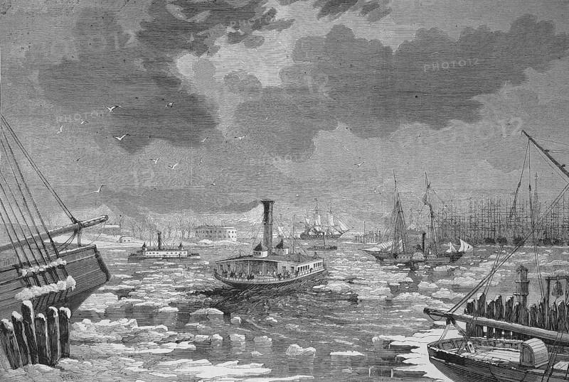 Pack ice obstructs shipping traffic in New York harbour in 1869, America, Historic, digitally restored reproduction of a 19th century original