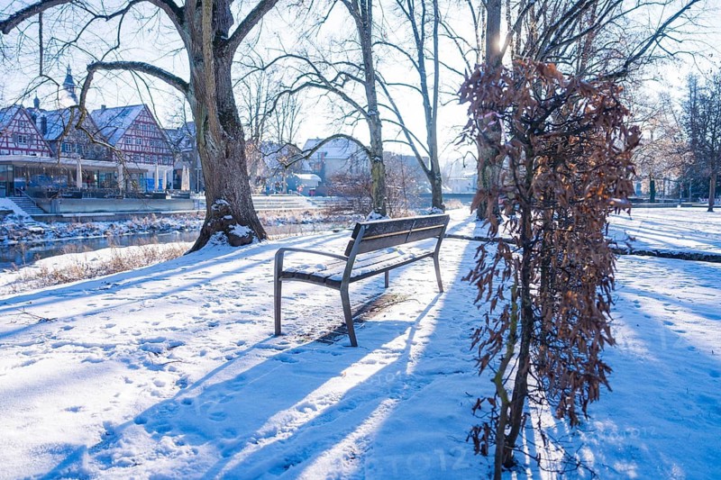 Quiet parkland in winter with bench, bare trees and a peaceful atmosphere, Nagold, Calw district, Germany