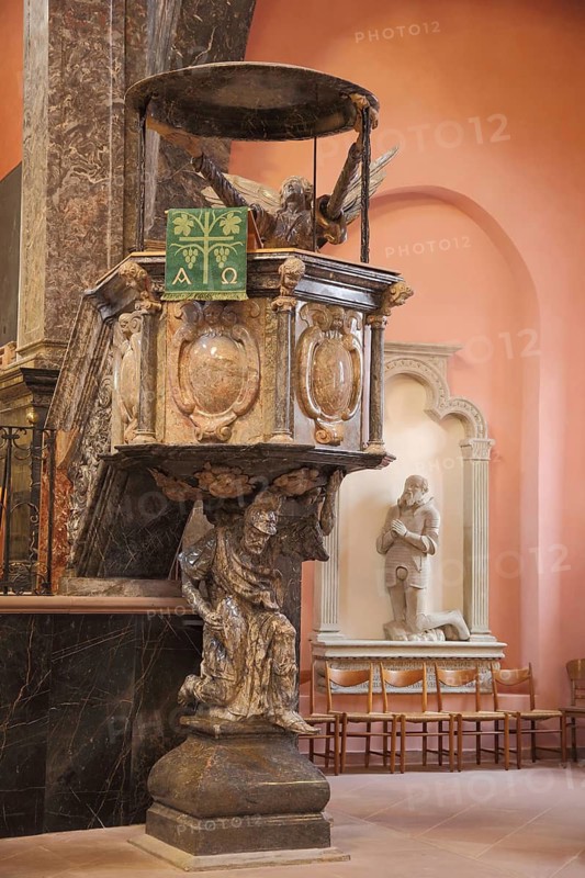 Baroque pulpit with stone sculpture, decorations, christogram, marble, interior view, Union Church, Idstein, Taunus, Hesse, Germany