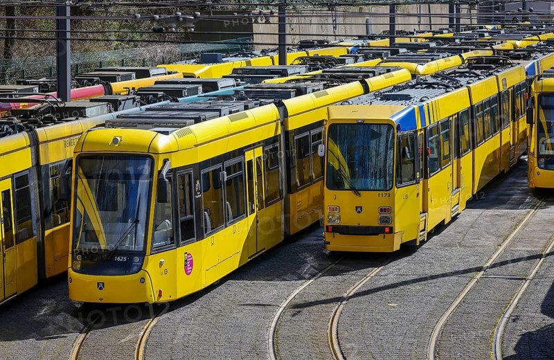 Essen, North Rhine-Westphalia, Germany, Trams at Ruhrbahn depot, Verdi and EVG warning strike
