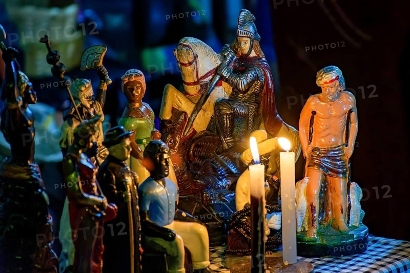 Religious altar with saints and traditional entities of Umbanda and Catholicism as a result of syncretism in Afro-Brazilian religions, Belo Horizonte, Minas Gerais, Brazil