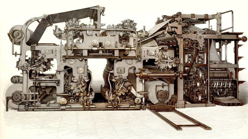Historical illustration, 19th Century, Hoe's 6-cylinder rotary printing press, Hoe & Co