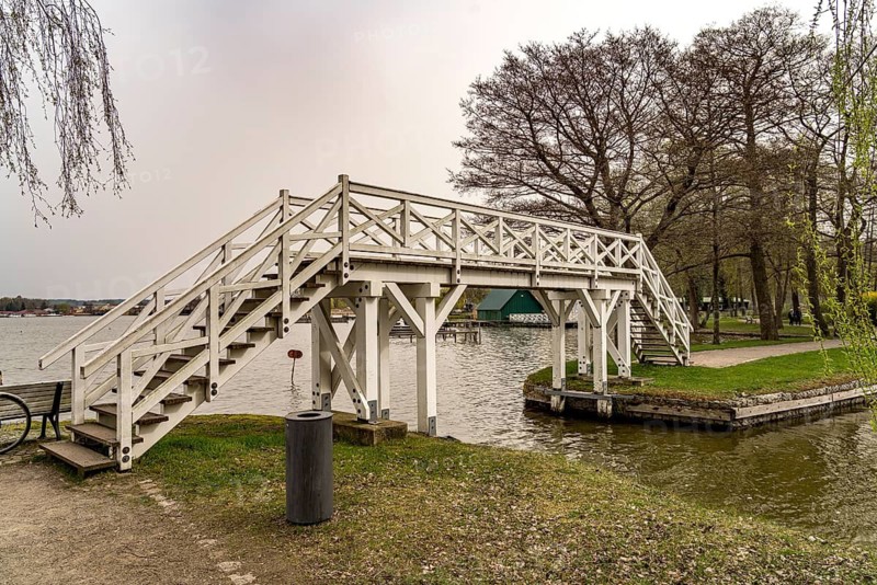 White Bridge on Lake Zierker See in Neustrelitz, Mecklenburg Lake District, Mecklenburg-Western Pomerania, Germany
