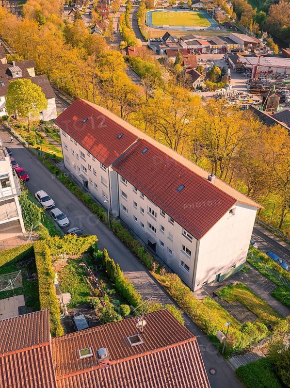 Close-up of residential buildings with red roofs in a green neighbourhood, Nagold, district of Calw, Germany