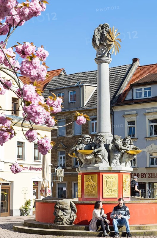 Old market fountain on the old market square in Oschatz, Saxony, Germany