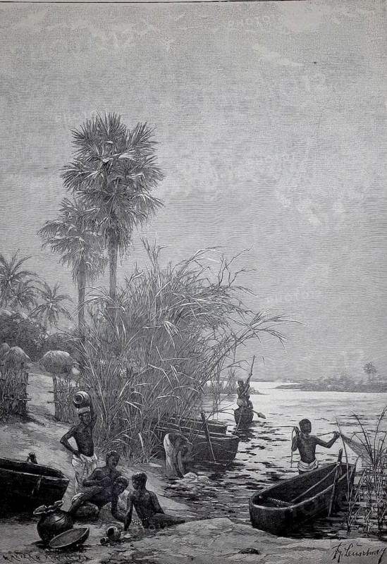 Scene on Lake Togo in the south of the African state of Togo in the Maritime region on the Atlantic Ocean west of the city of Aného, with fishing children and boats, 1890, illustration, reproduction from a 19th-century model. Authentic, file restored for optimal use, exact date of original unknown, historical, waterfront landscape with people at the water, boats and lush vegetation, everyday situation