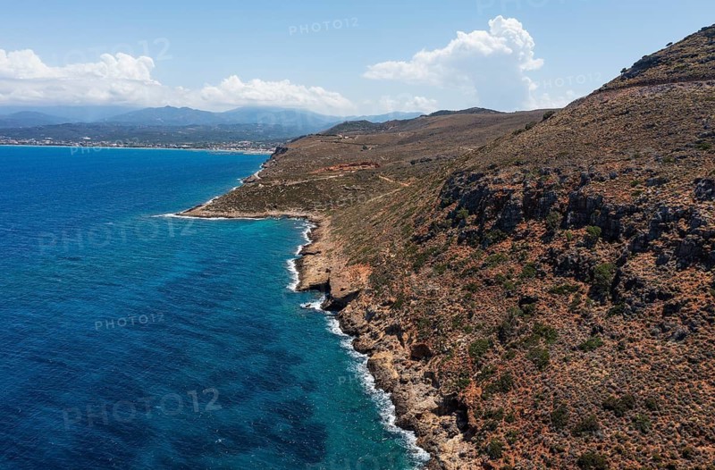 Drone photo, rocky coast at Afrata beach, Kolymbari, West Crete, Crete, Greece