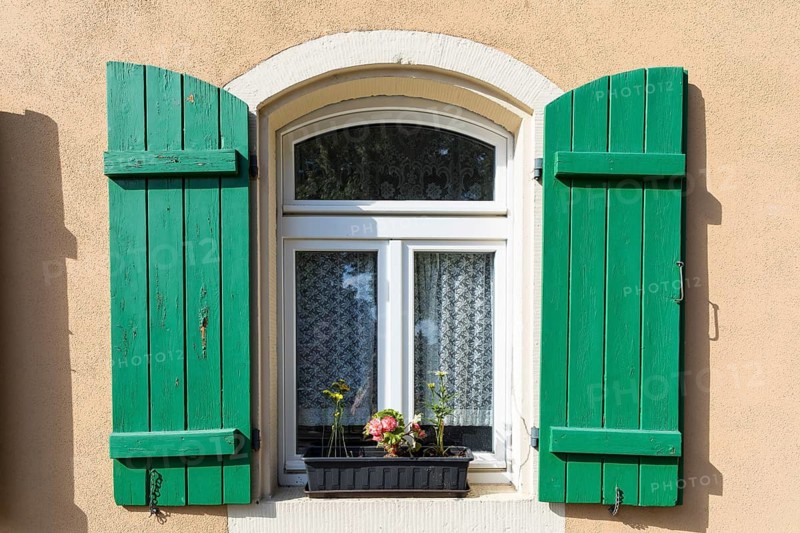 Window with green shutters, Altkötzschenbroda village green, Radebeul, Saxony, Germany