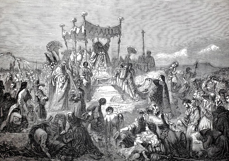Scene shows Pope Sixtus V, Sixtus Quintus blessing the draining of the Pontine Marshes in Italy. The Pope stands elevated under a canopy and performs a blessing over the assembled crowd. The draining of this marshland south of Rome was a huge infrastructure project of the 16th century, illustration, reproduction from a model from the 19th century. Authentic, file restored for optimal use, exact date of submission unknown, historical, blessing ceremony with crowd, outdoors, with a throne on a hill